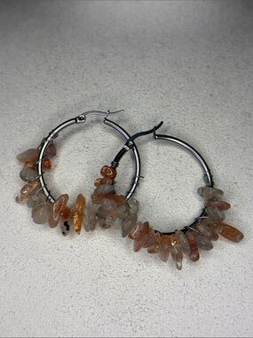 Sterling Hoop Earrings with Sunstone fire quartz Chip Accents - Orange-Taupe